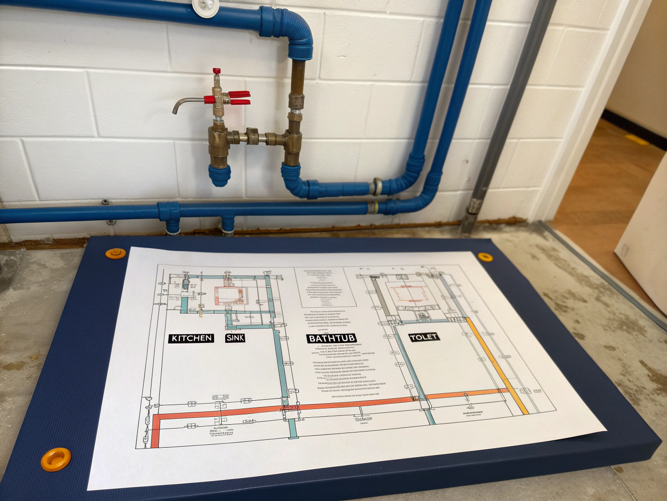 Technical plumbing blueprint drawing