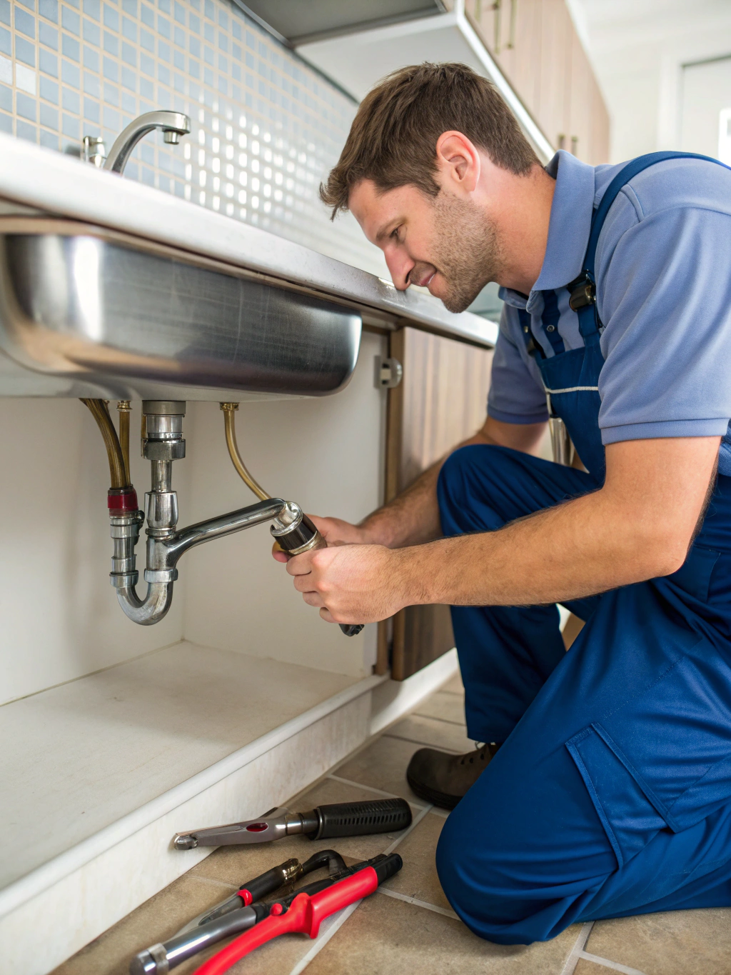 Professional plumber performing precision pipe installation with polished chrome fixtures