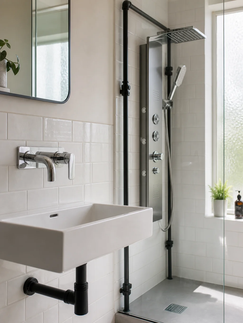 Polished chrome bathroom fixture installation